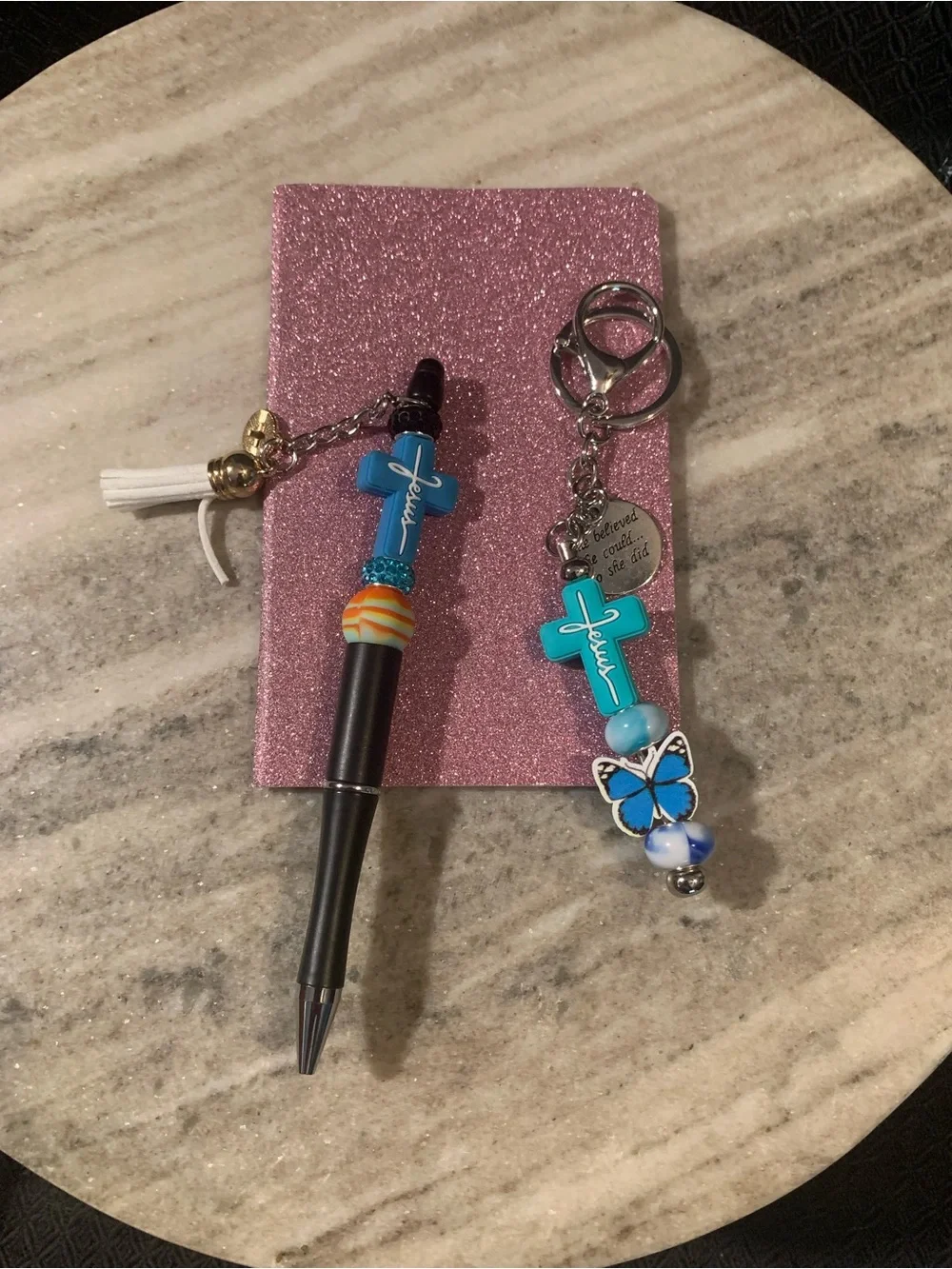 Pink Beaded Pen and Keychain Set with Cross Charm